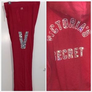 Pink VS | Holographic coral or salmon color logo pants and zip up no